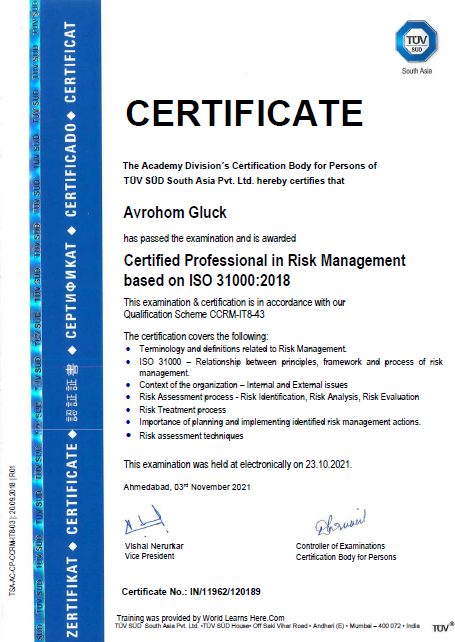 Example of the ISO 31000 certificate